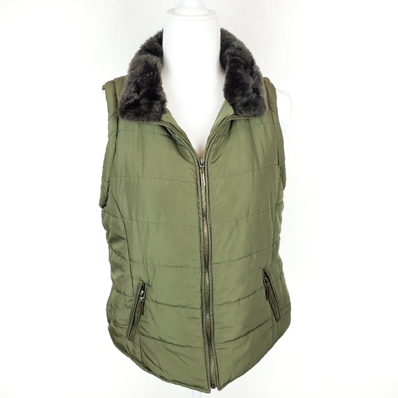 Copper Key Green Vest Faux Fur Collar Lining sz M